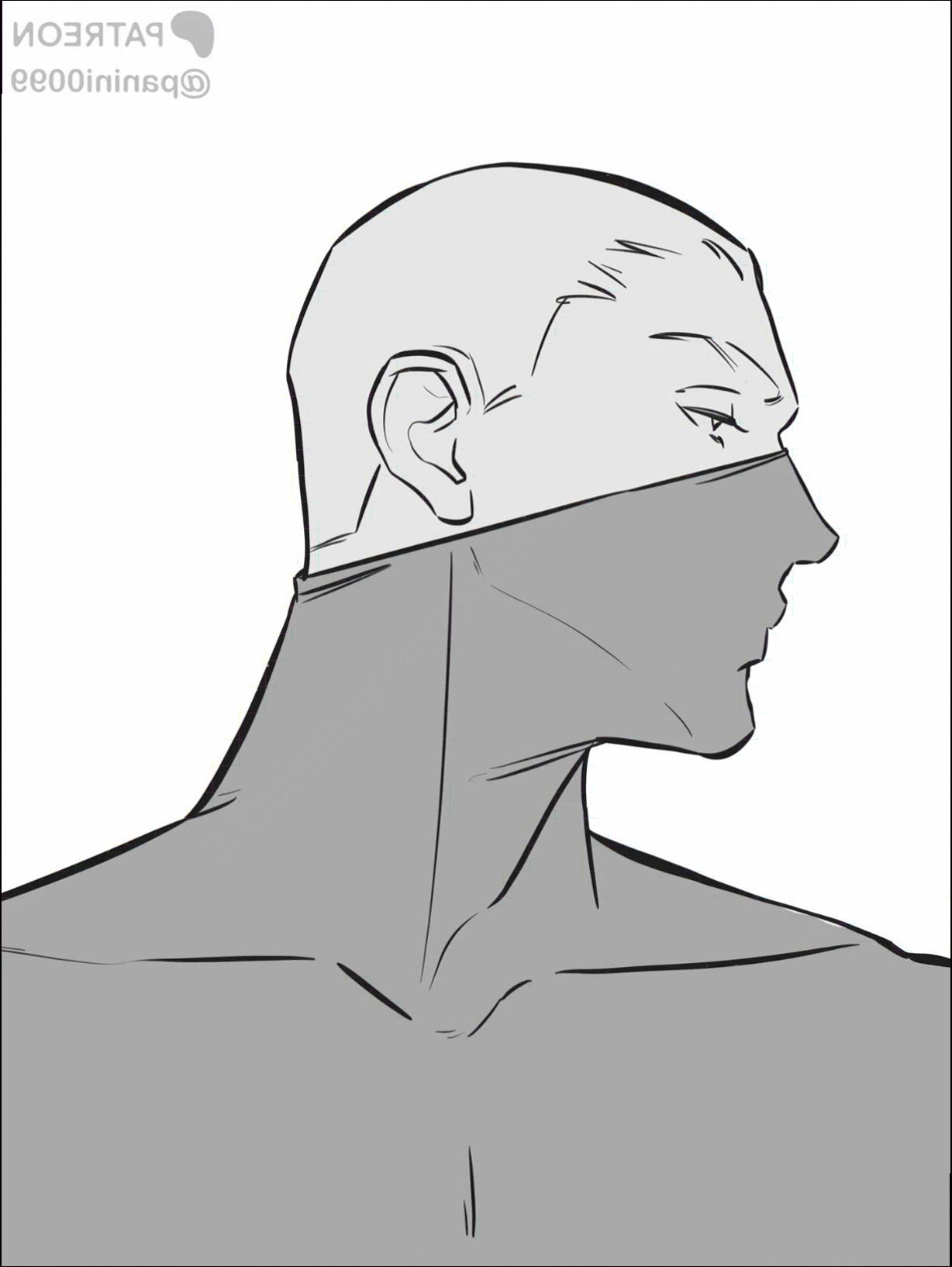 A grayscale line drawing depicts a male human head in profile, facing right. The head is bald and covered by a bandage or cloth covering the neck and upper chest area.