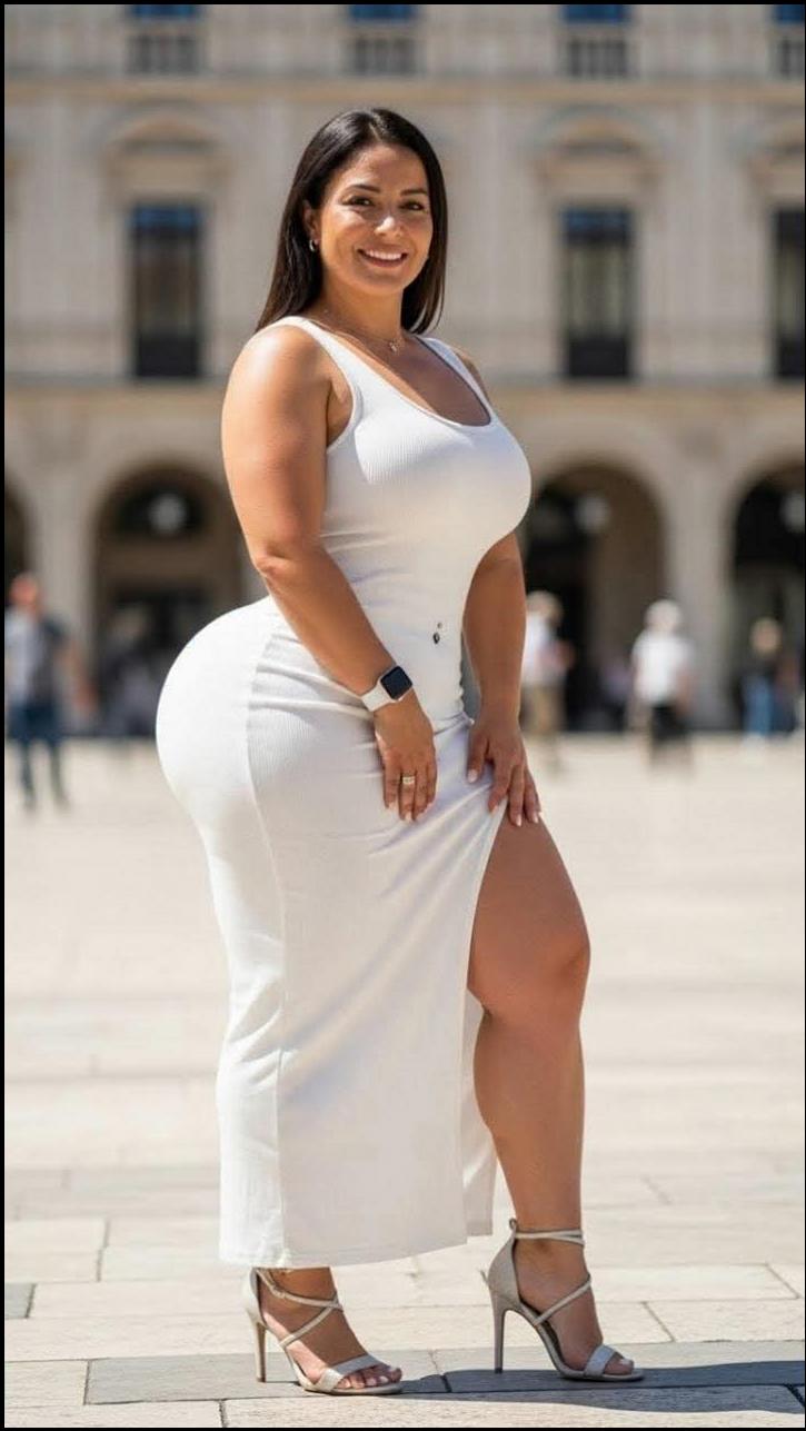 A woman in a white sleeveless, floor-length dress and high-heeled sandals stands outdoors in front of a building with arched entrances. She wears a watch on her left wrist and smiles at the camera.