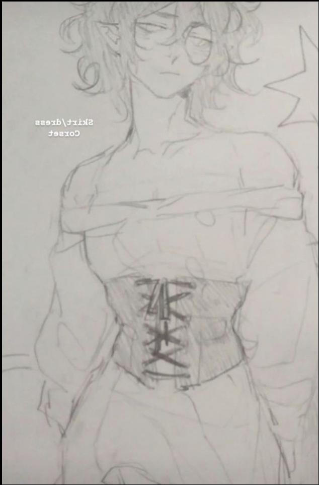 A pencil sketch depicts a figure with light hair, wearing an off-the-shoulder garment with a corset-style lacing. The figure's gaze is directed slightly to the right. A star shape is visible in the upper right corner.