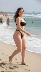 a woman is standing on the beach with a surfboard