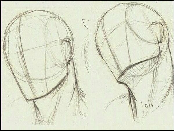 Two sketches depict human head and neck structures using anatomical drawings and lines. The left sketch shows the head from above, while the right sketch shows the head from below, highlighting the neck and head shape.