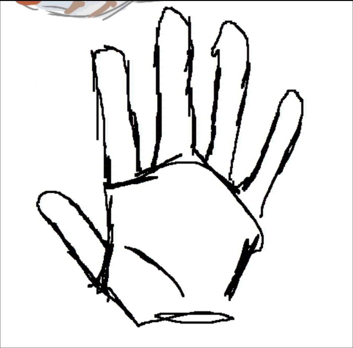 A black and white line drawing depicts a hand with fingers spread apart. The drawing is simple and abstract.