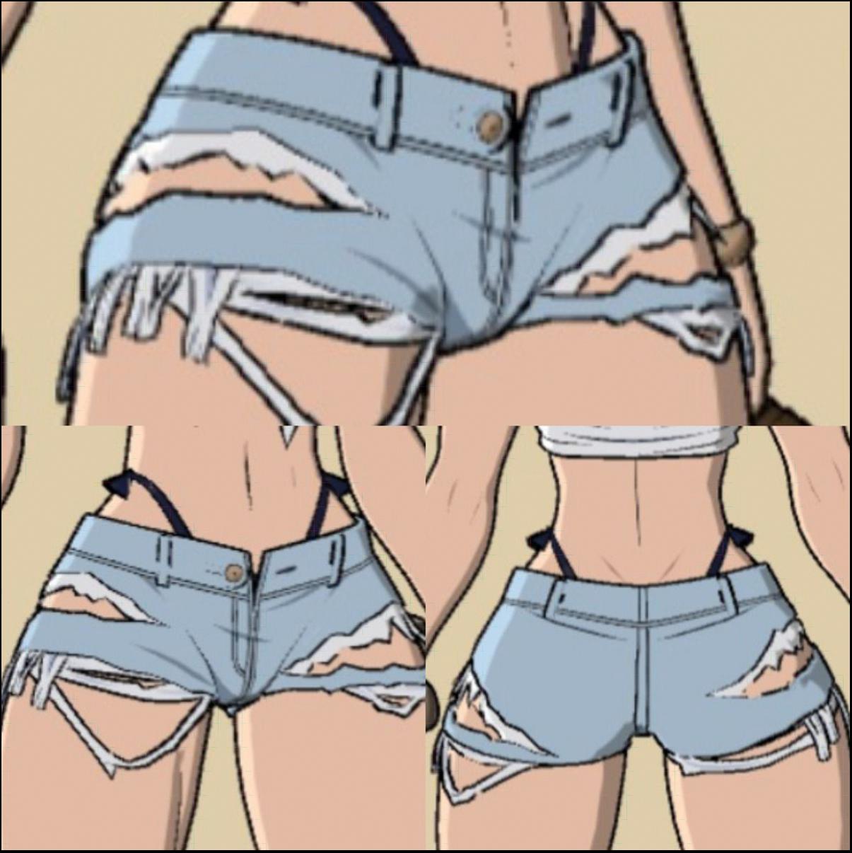 Three close-up images show light blue denim shorts with ripped detailing at the waistband and hem. The shorts are worn by a female figure with dark hair and visible bra straps.