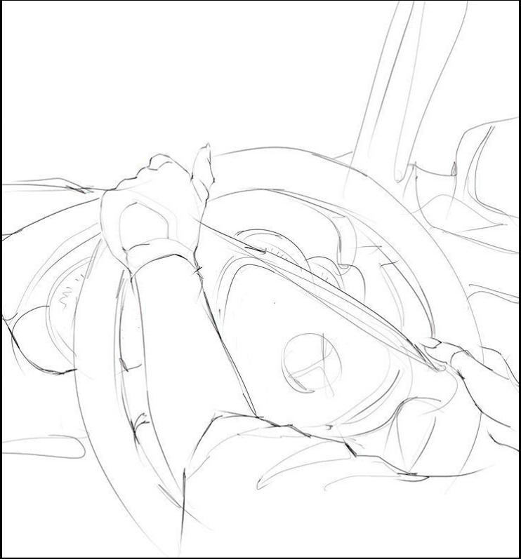 A line drawing depicts hands gripping a steering wheel and adjusting the gear shift in a car interior. The drawing uses varying line weights and styles to suggest motion and interaction with the vehicle's controls.