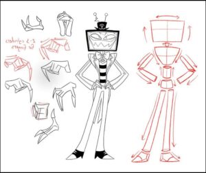 Two character designs are shown, one with a head resembling a television screen and a top hat, depicted in black and white. The other design, rendered in red, shows a simplified humanoid form with articulated limbs and joints. Hand and finger sketches accompany the designs, illustrating various poses and details.