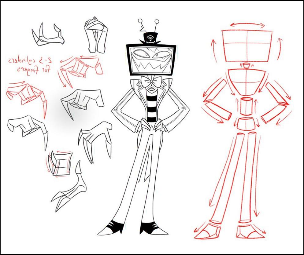 Two character designs are shown, one with a head resembling a television screen and a top hat, depicted in black and white. The other design, rendered in red, shows a simplified humanoid form with articulated limbs and joints. Hand and finger sketches accompany the designs, illustrating various poses and details.