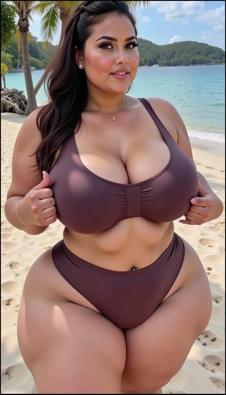 a woman in a bikini standing on a beach