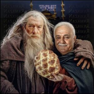 a man with a beard holding a large piece of cake