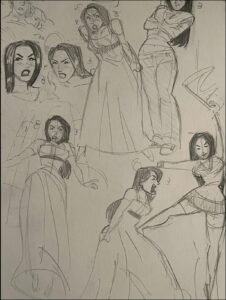 a painting of a group of people holding a white and black striped umbrella