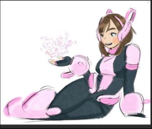 a doll with a pink hair brush and a pink flower