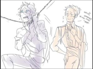 Two sketches depict a character tied to a chain. The character on the left appears distressed, while the character on the right, dressed in formal attire, looks concerned. Text in the top right corner reads, "You said Commander Shino will be here?"