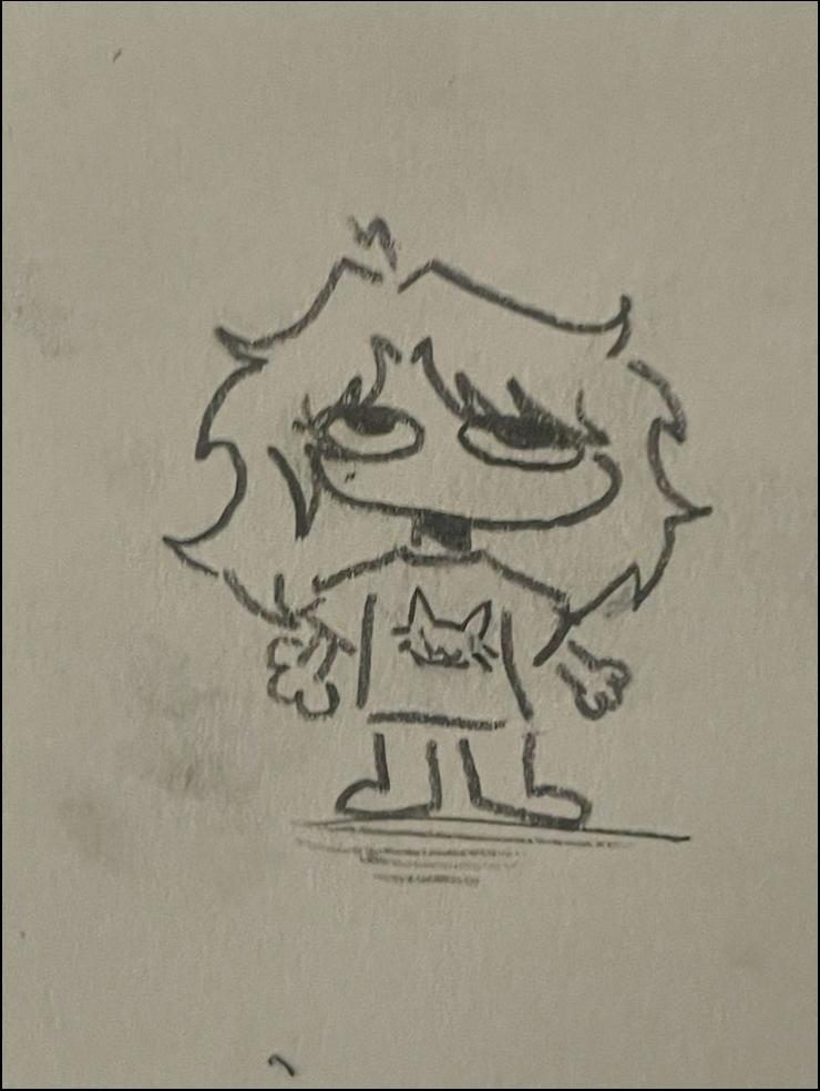A hand-drawn sketch depicts a stylized figure with long hair, a cat-themed shirt, and simple facial features. The figure stands with arms slightly bent and hands open.