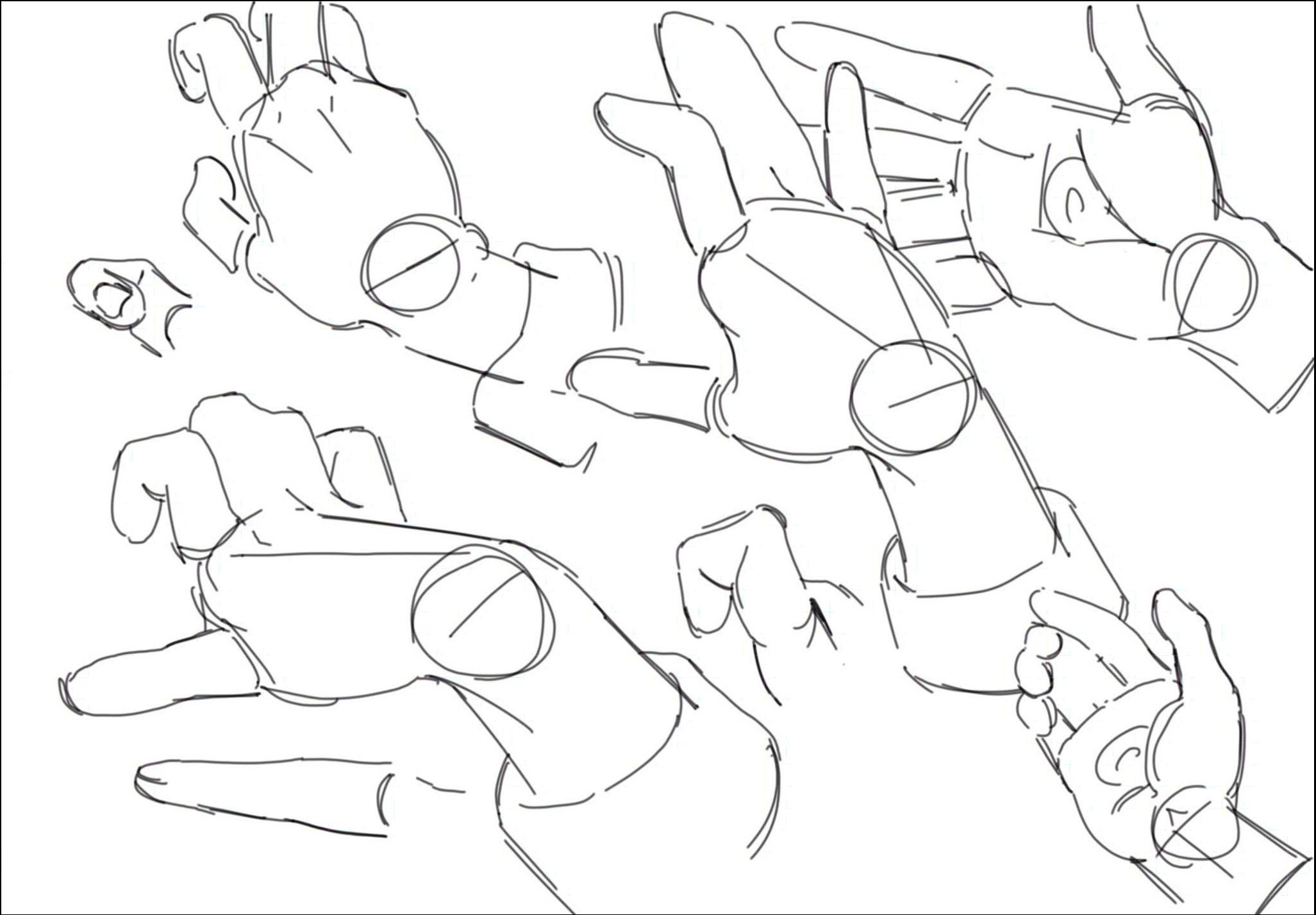 Multiple sketches of hands in various poses are depicted in black and white line art. The sketches show different hand positions, including open and closed hands, fingers extended, and fingers curled.