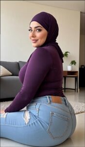 a woman sitting on a couch with a blue and white object