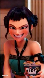 a woman with a pink hair and a green drink