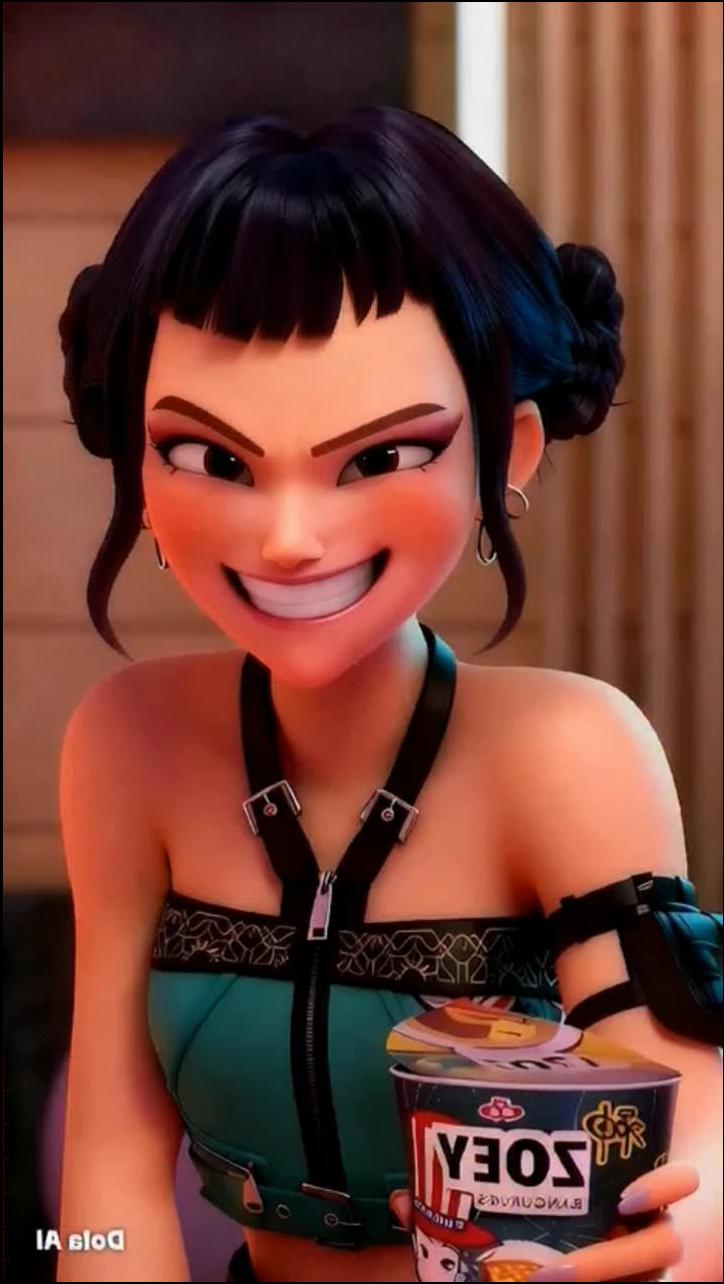 a woman with a pink hair and a green drink