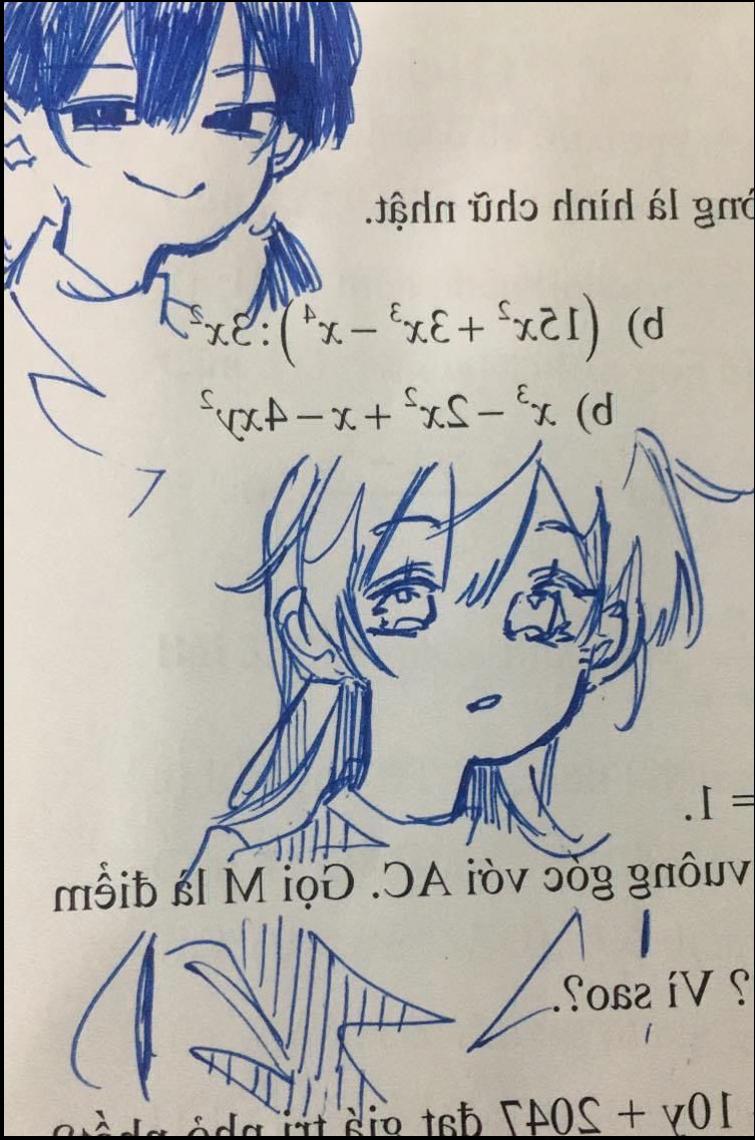 A hand-drawn sketch on a page shows a math problem involving quadratic equations. Two blue-haired figures are depicted, one appearing to smile and the other looking puzzled. The text on the page includes Vietnamese text and possibly a partially visible equation involving x^2 and x^3.