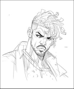 a painting of a man with a black and white striped shirt