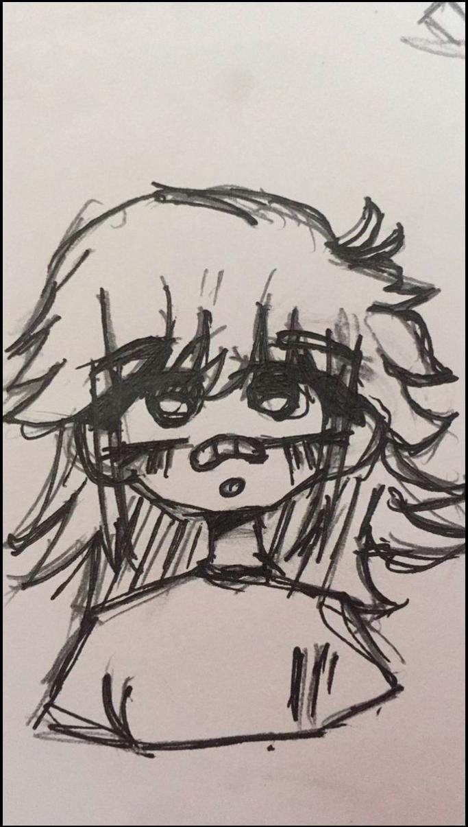 A black and white sketch depicts a stylized character with large, expressive eyes, messy hair, and a simple facial expression. The character's features are drawn with thick lines and shading.