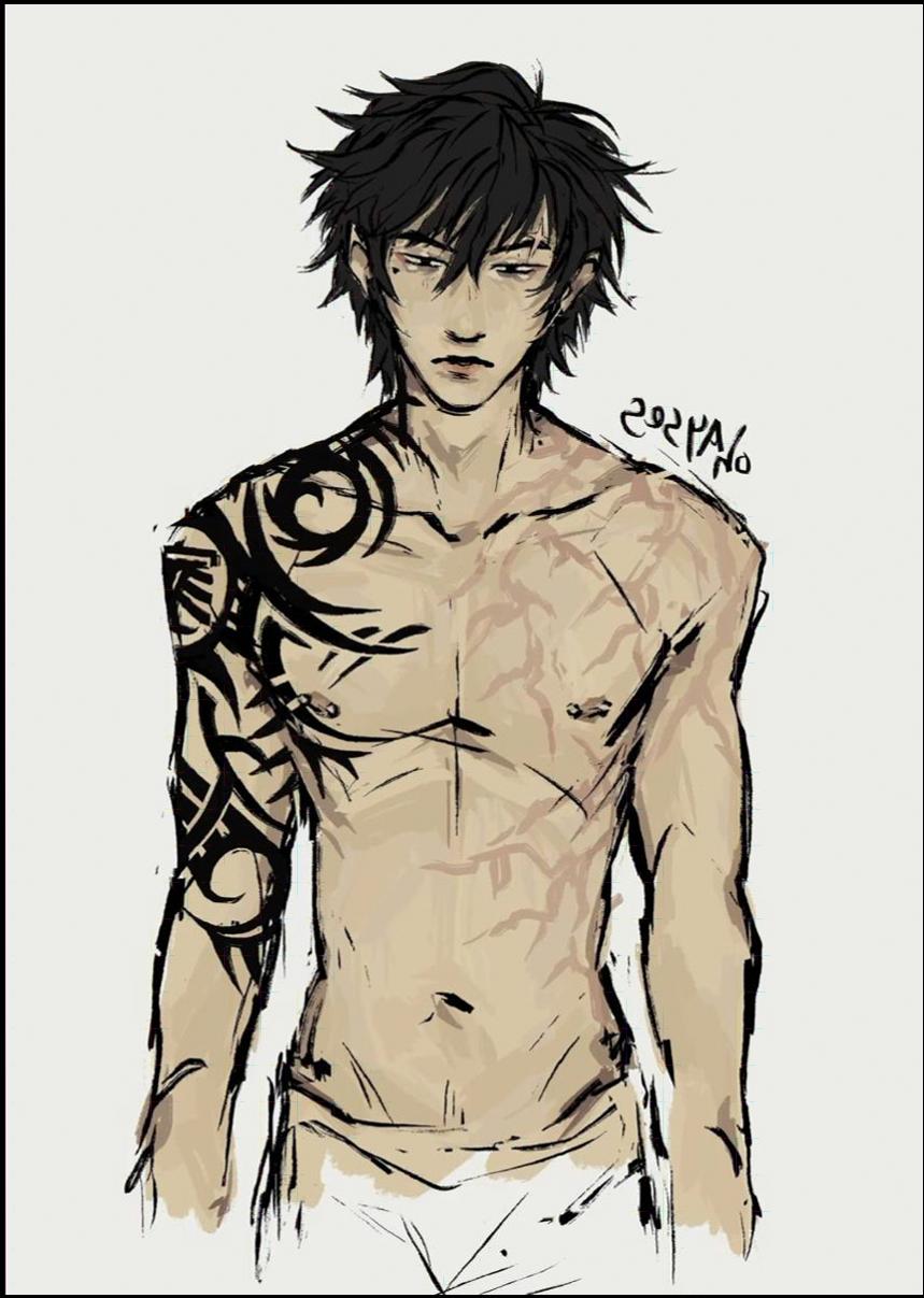 An illustration of a male character with dark, spiky hair and a tattoo on his left arm. He wears a simple garment and has a serious expression. The artist's signature, "seo25yas," is visible in the upper right corner.