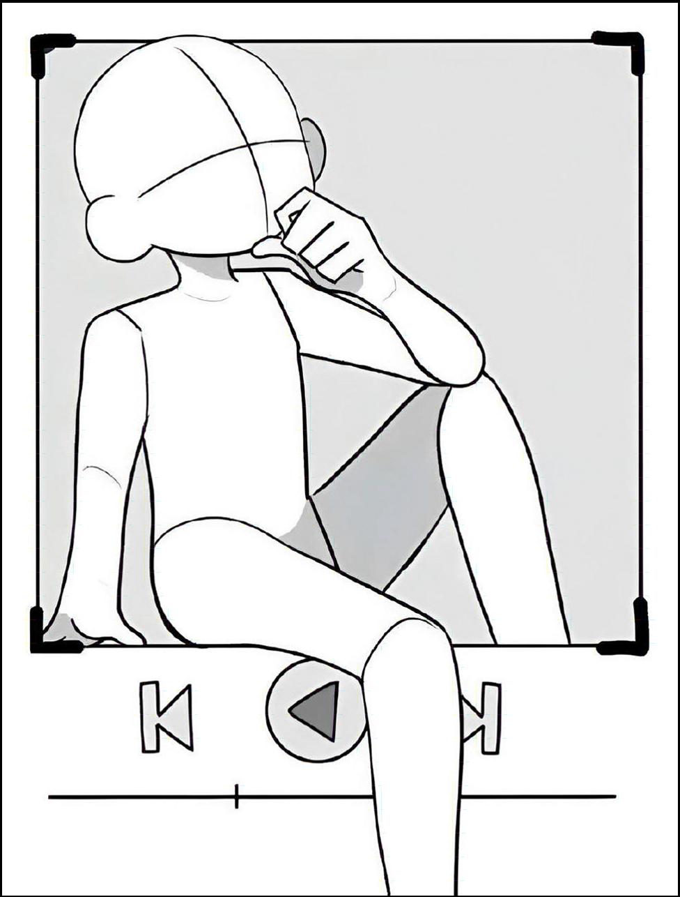 A black and white line drawing depicts a character with a blank head and body seated in a music play button frame. The character's right hand rests near their chin, and their left hand is positioned near their knee.