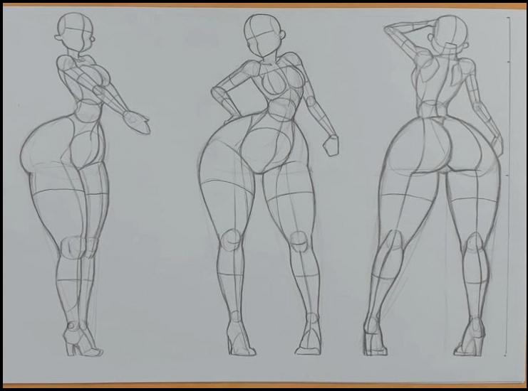 Three pencil sketches depict female human figures in various poses. The figures are shown from the front, side, and back, highlighting their muscular physiques and stylized features.