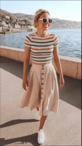 A woman walks along a paved walkway beside a body of water, wearing a striped crop top, a light-colored buttoned skirt, and white sneakers. She is wearing sunglasses and has her hair styled up. Buildings and hills are visible in the background.