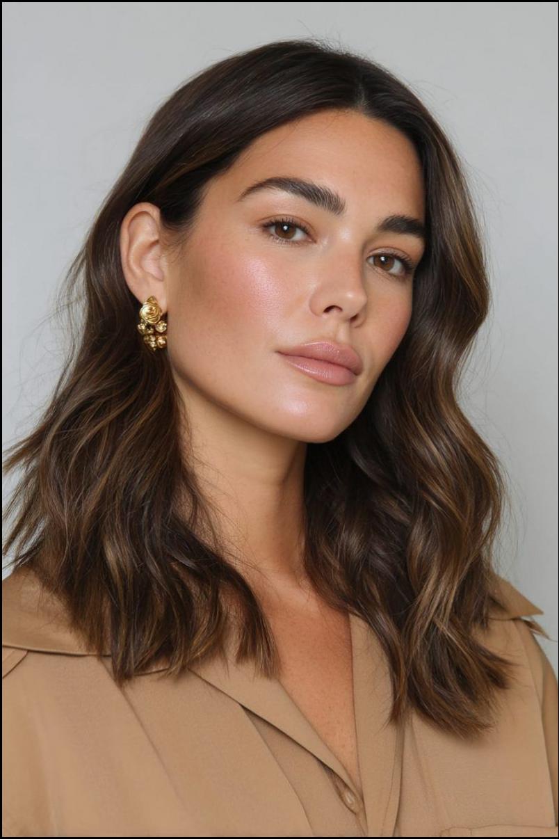 A woman with shoulder-length wavy brown hair wears gold hoop earrings and a light brown collared shirt. She is looking directly at the camera against a plain light gray background.