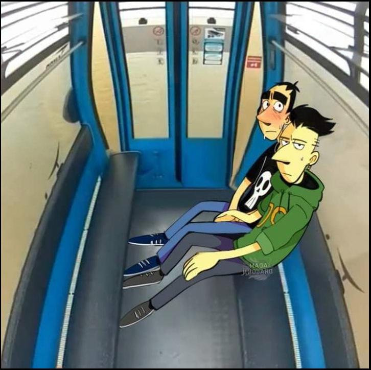 a woman sitting on a blue and white bench