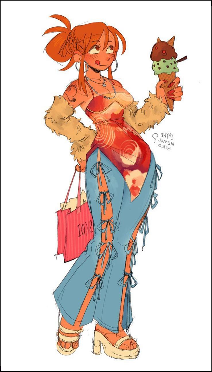 a painting of a woman with a red and white striped shirt and a red and white striped tie