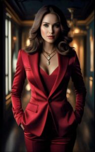 a woman in a red dress standing in a room