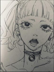 a painting of a woman with a black and white striped shirt