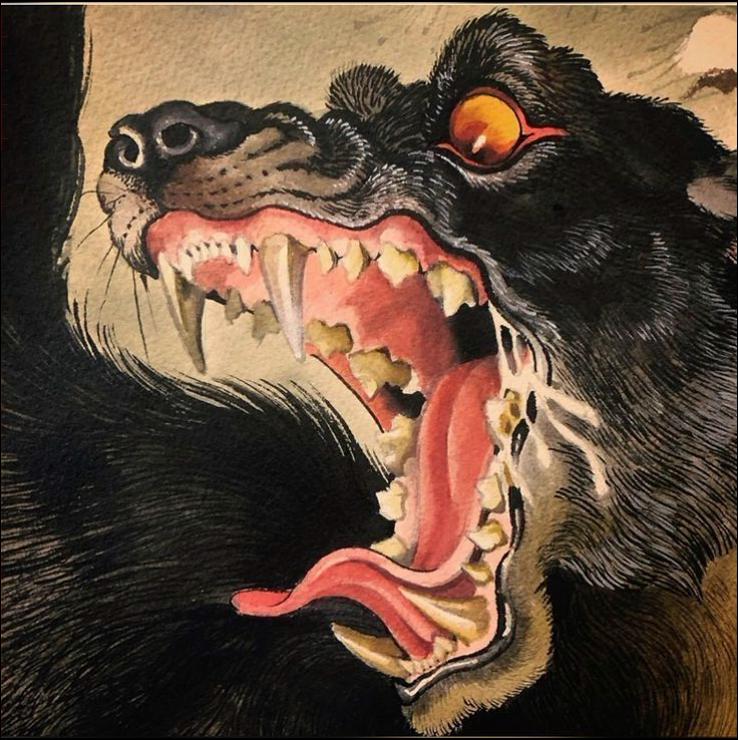 a dog eating a piece of food with a red tag on it