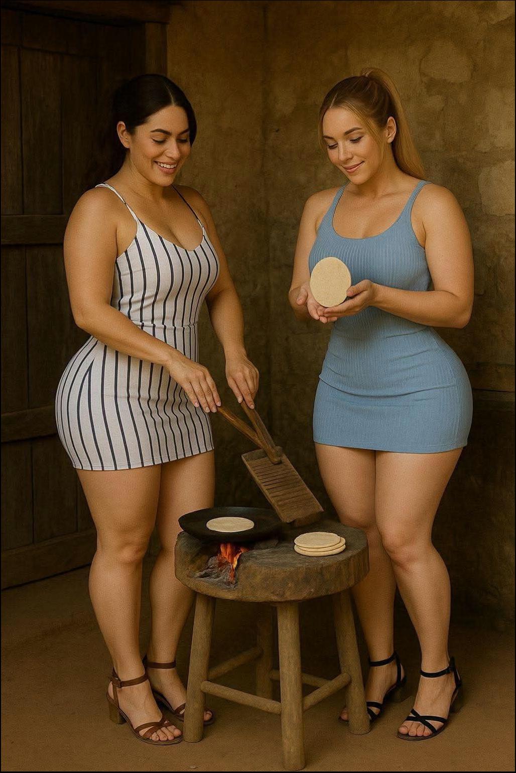 two women are standing near a wooden table