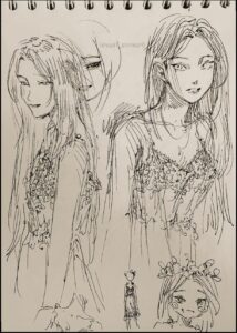 a painting of a woman with a group of birds on her head