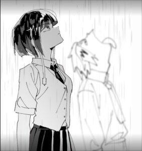 a woman in a black dress and a painting