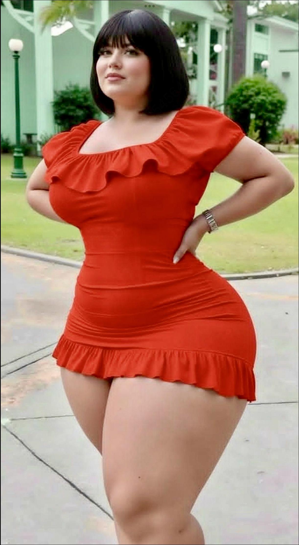 A woman with dark hair and bangs wears a red, ruffled mini dress. She stands outdoors on a paved surface, with a green building and landscaping visible in the background.