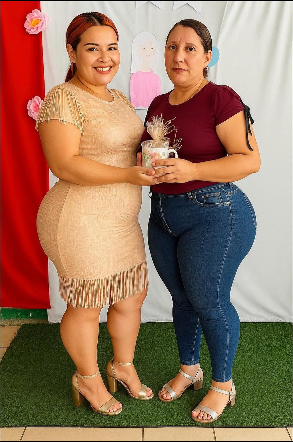 two women standing next to each other holding a drink