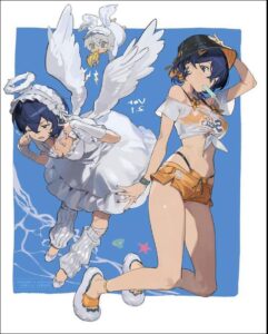 a painting of a woman holding a blue and white polka dot polka dot polka dot