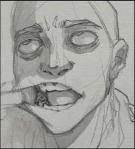 a painting of a person with a large head