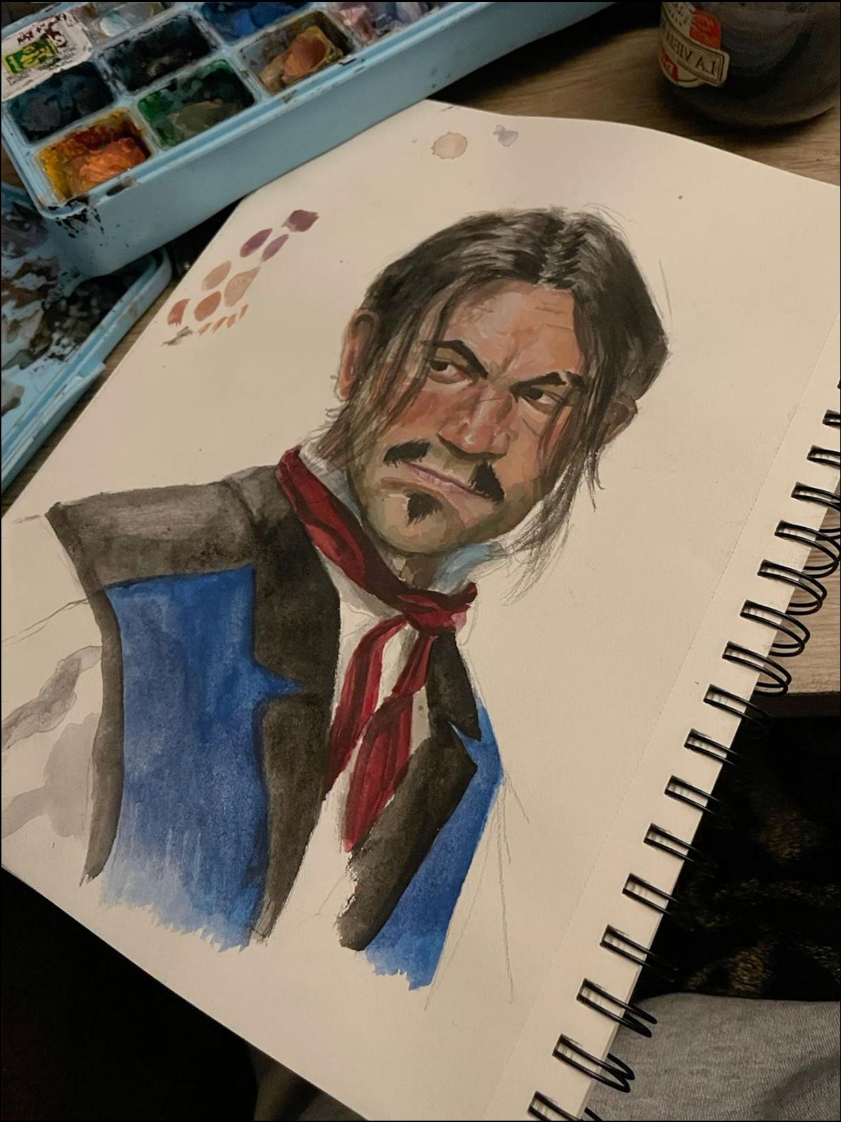 a painting of a man with a picture of a bear on it