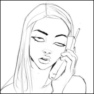 a woman with a black and white photo on her