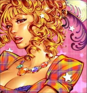 a painting of a woman with a red and white striped shirt