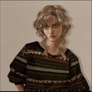 a woman with a black and white striped shirt