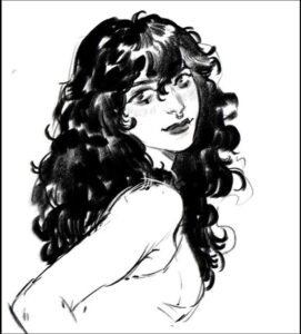 a woman is posing for a picture with a painting