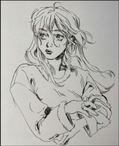 a painting of a woman with a large head