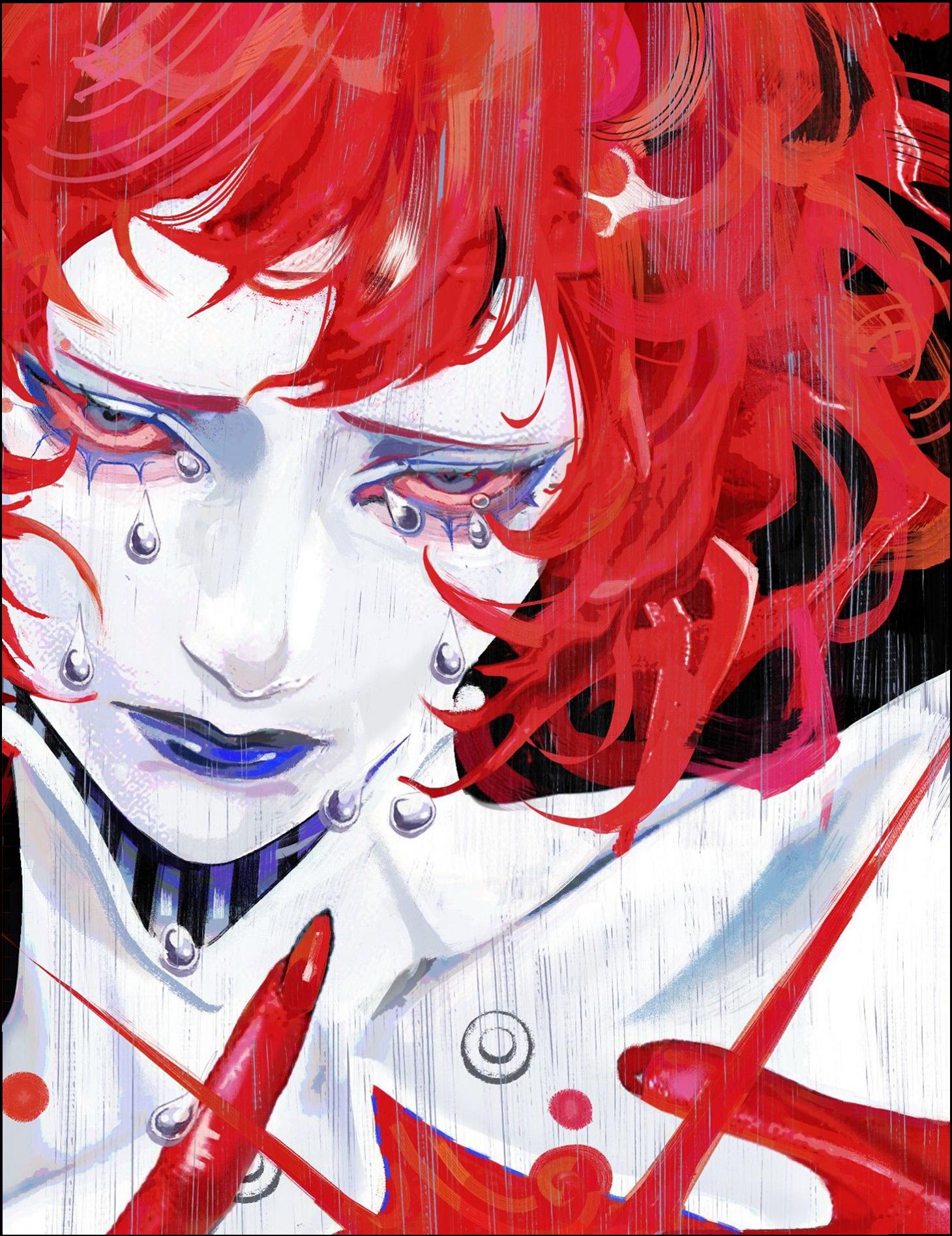 a painting of a man with a red and white cat on his head