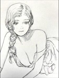 a painting of a man sitting on a white bench