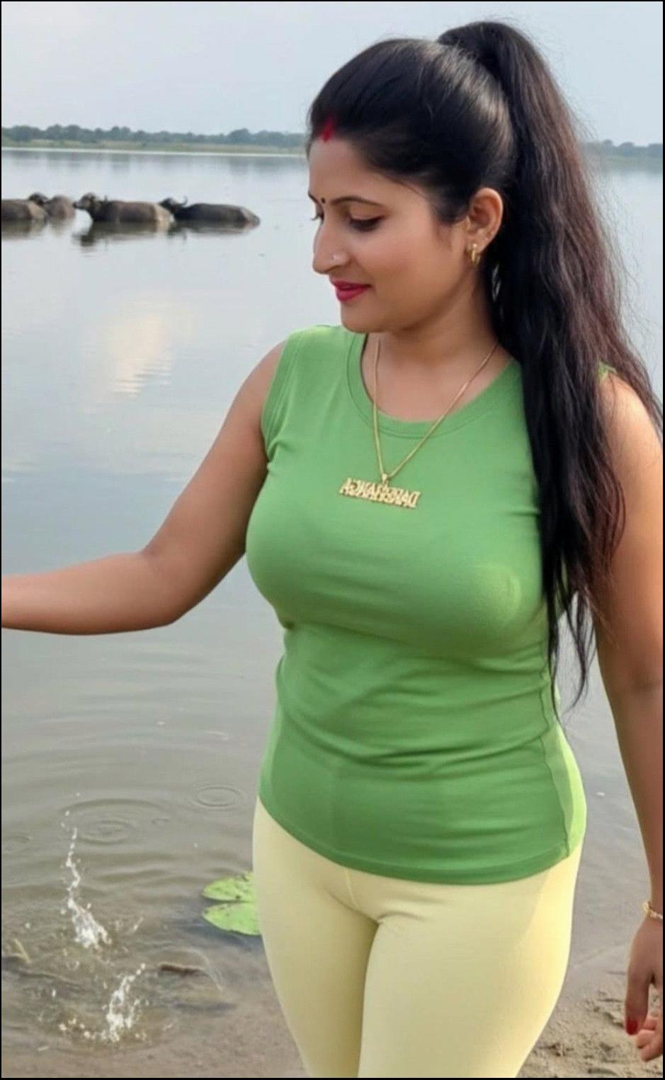 a woman standing on a beach with a blue and white surfboard
