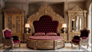 a bed with a red headboard and a red headboard